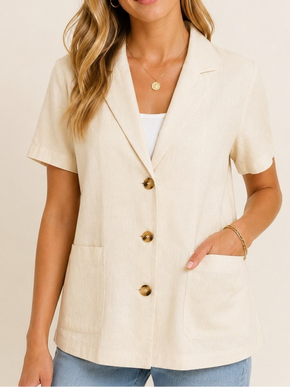 Double Zero Linen Blend Short Sleeve Blazer Jacket Cream Button Front S